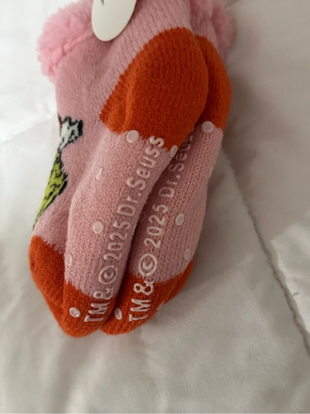 Kids Pink Grinch Fuzzy Cuff Christmas Socks